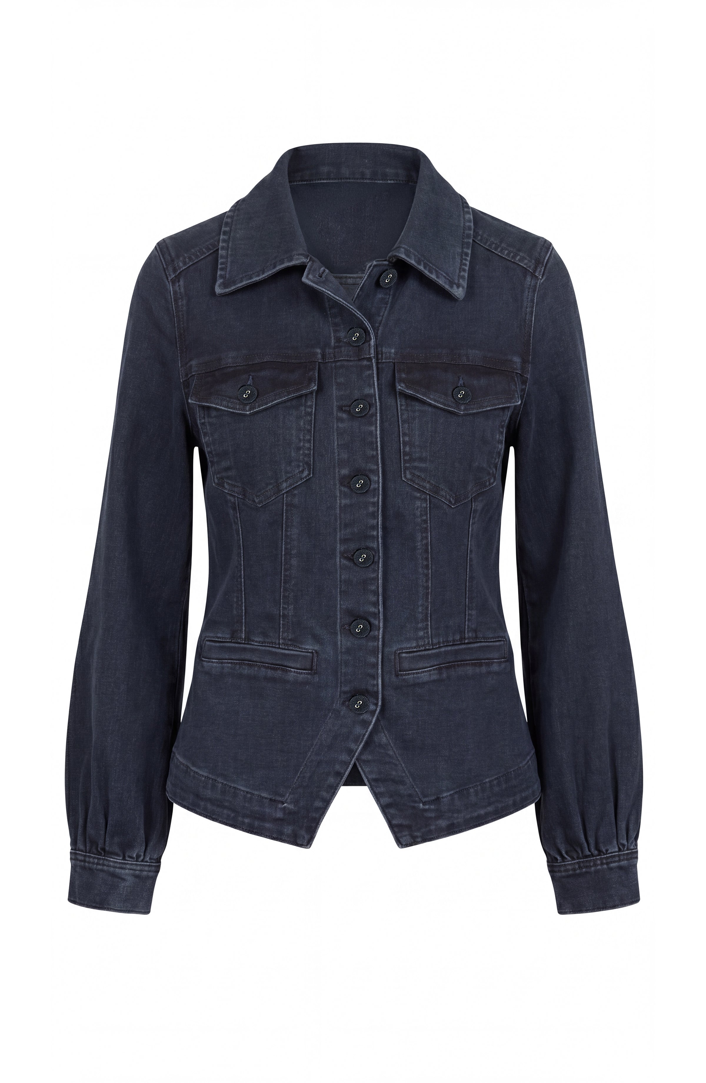 Liverpool Patch Pocket Fitted Denim Jacket in Raven Wing dark charcoal wash, flat lay