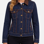 Liverpool Classic Trucker Jacket in dark indigo denim with chocolate velvet collar and trim detailing