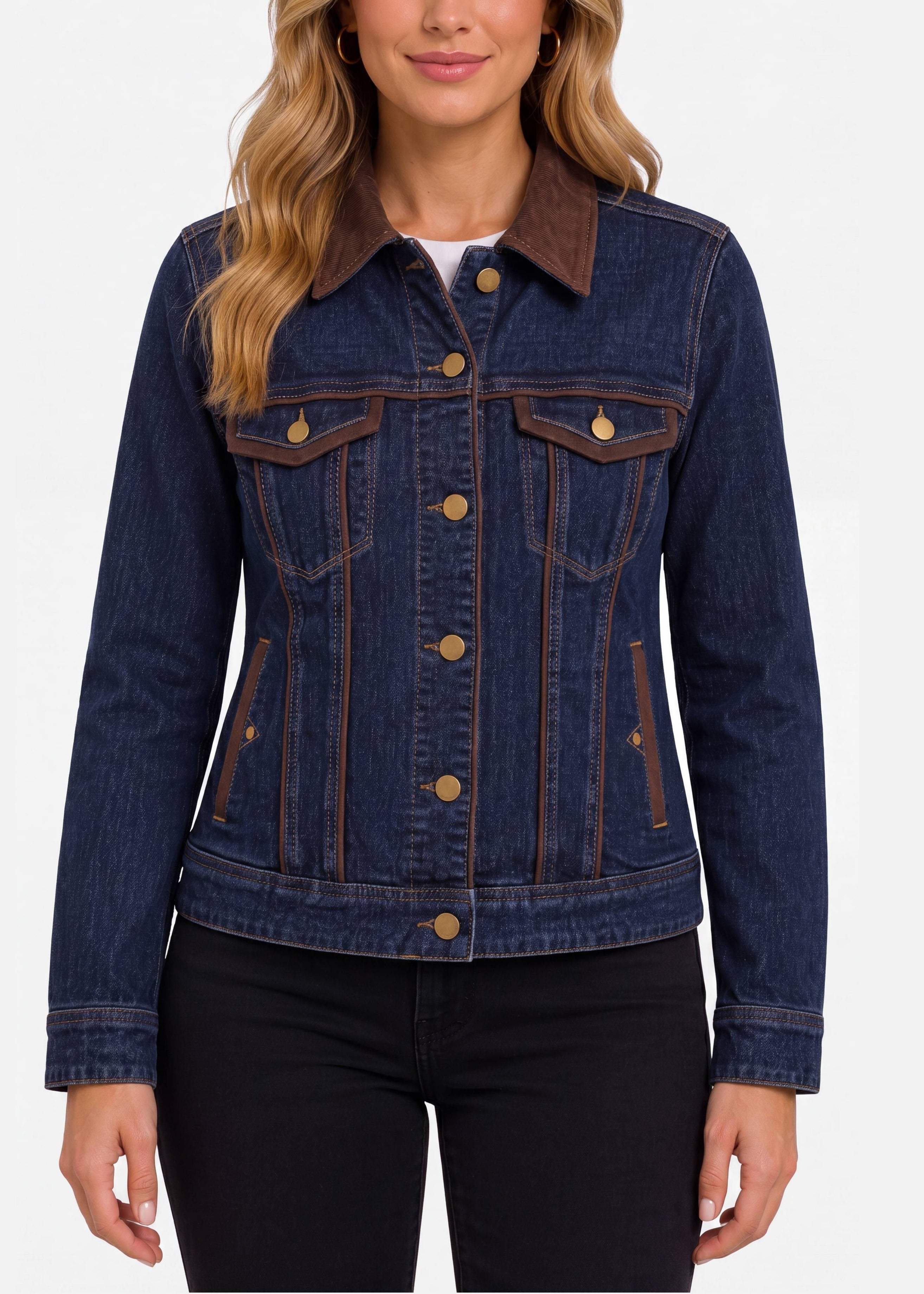 Liverpool Classic Trucker Jacket in dark indigo denim with chocolate velvet collar and trim detailing