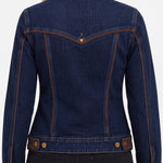 Back view of Liverpool dark indigo denim trucker jacket with chocolate velvet collar and trim detailing
