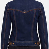 Back view of Liverpool dark indigo denim trucker jacket with chocolate velvet collar and trim detailing