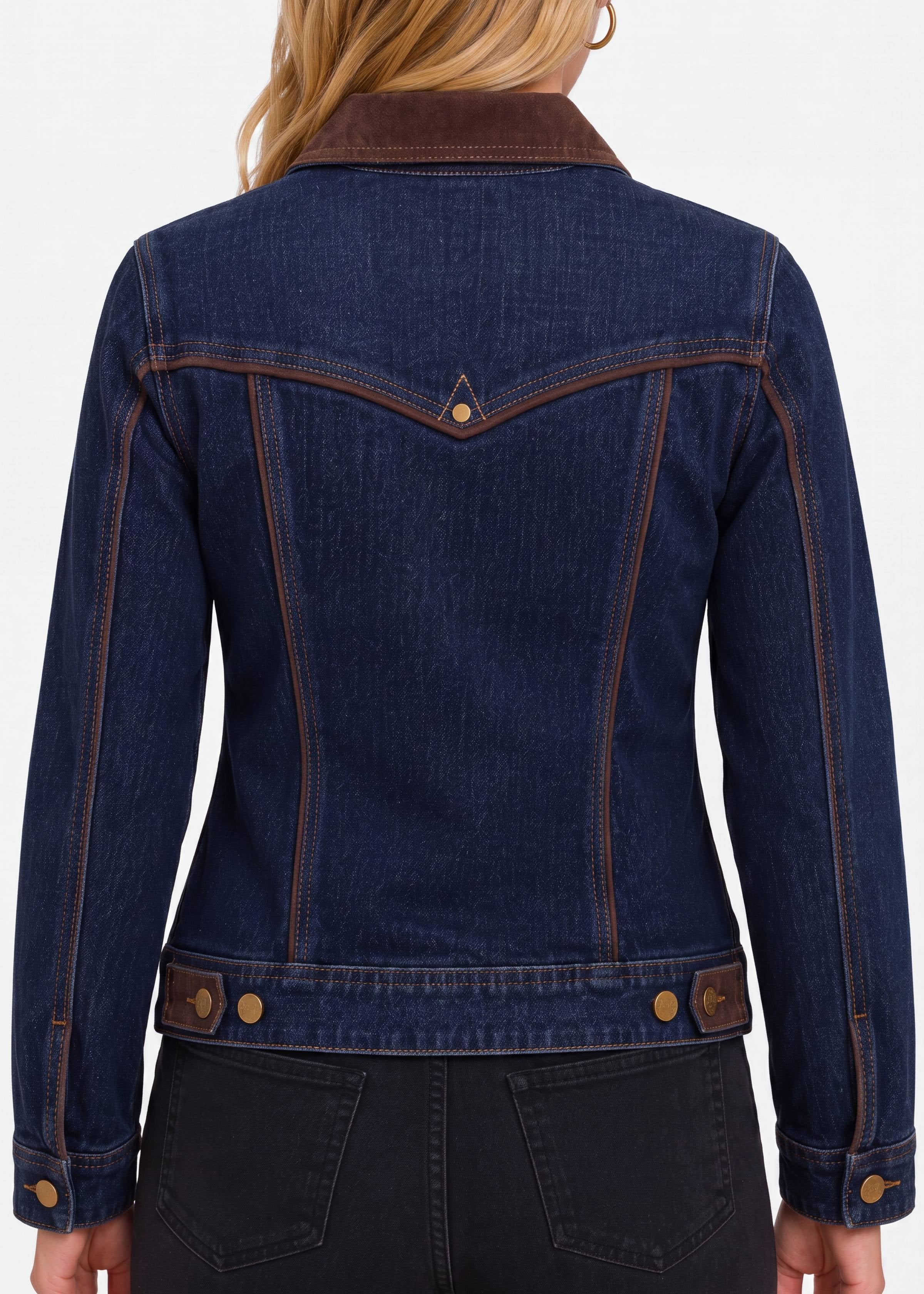 Back view of Liverpool dark indigo denim trucker jacket with chocolate velvet collar and trim detailing