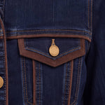 Liverpool Classic Trucker Jacket in Riverwalk dark denim with chocolate velvet detailing and gold buttons