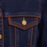 Liverpool Classic Trucker Jacket in Riverwalk dark denim with chocolate velvet detailing and gold buttons