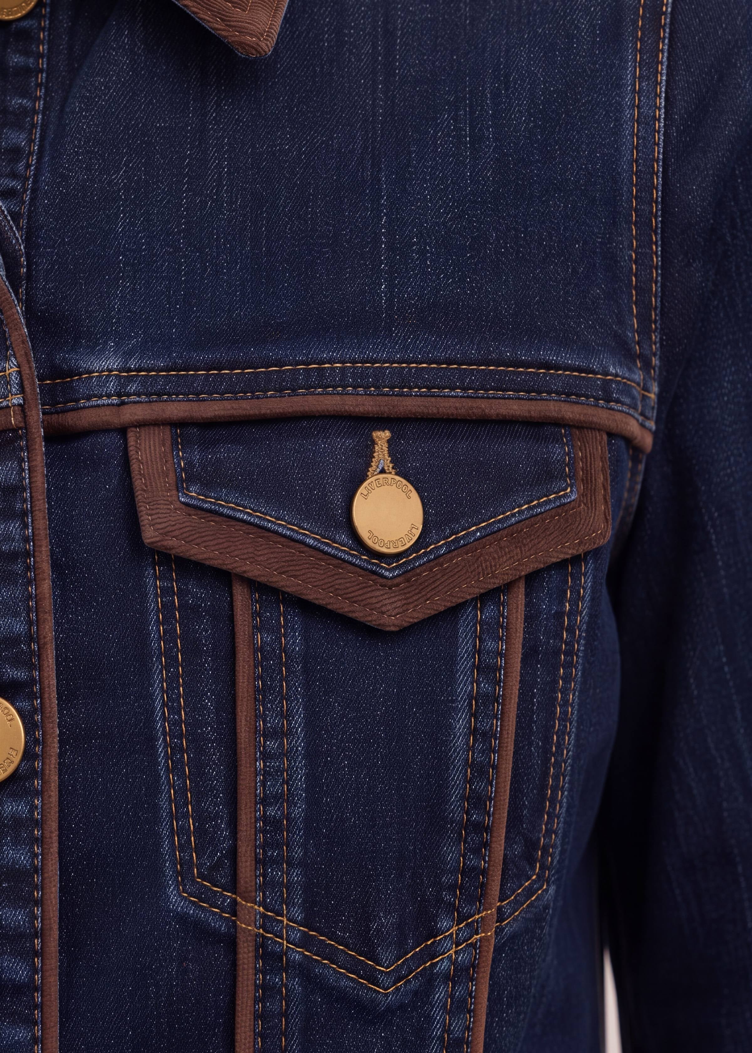 Liverpool Classic Trucker Jacket in Riverwalk dark denim with chocolate velvet detailing and gold buttons