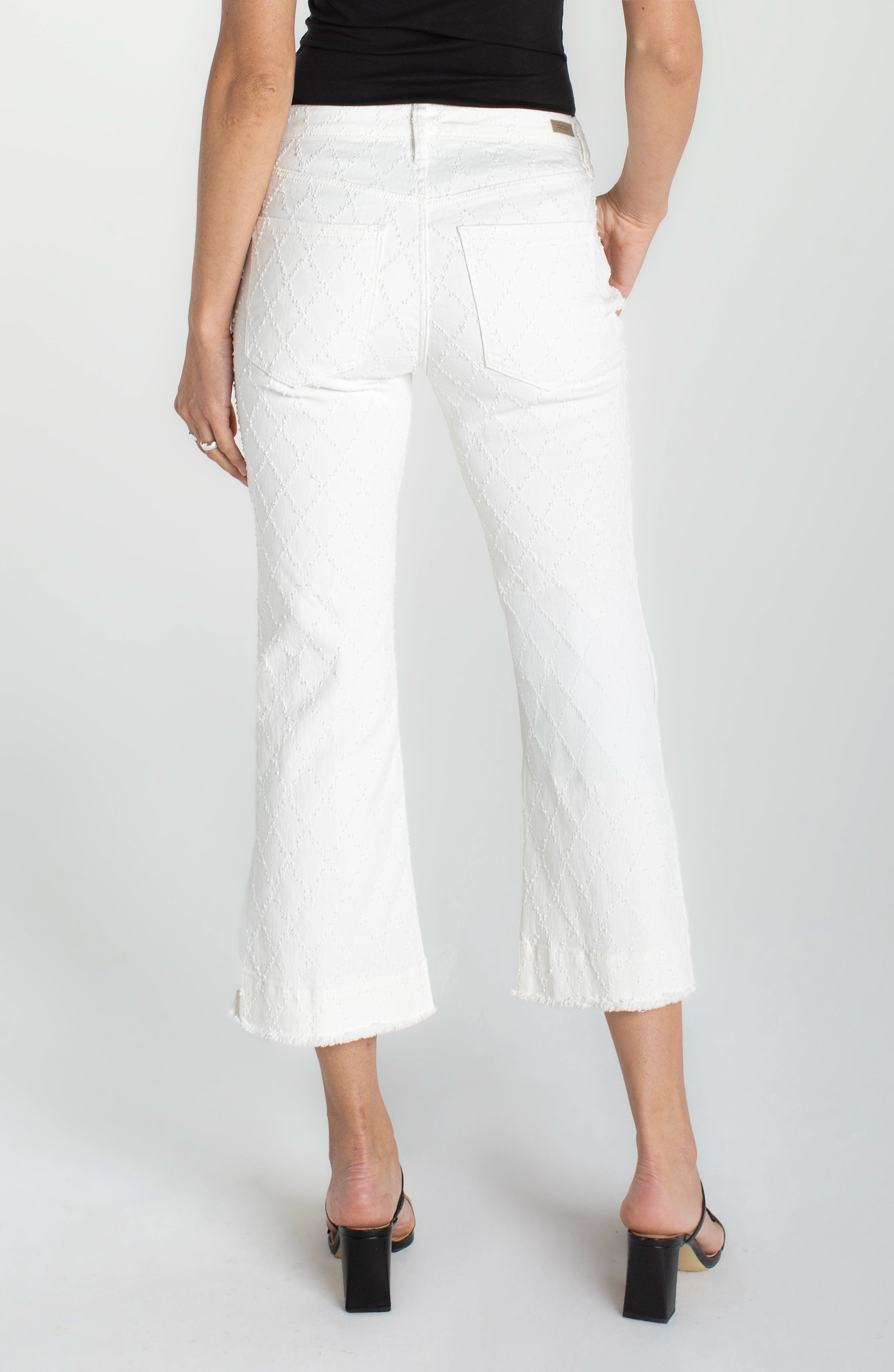 Liverpool Hannah Crop Flare Jeans with Wide Fray Hem and Slit at Ooh La La! in Grapevine TX 76051