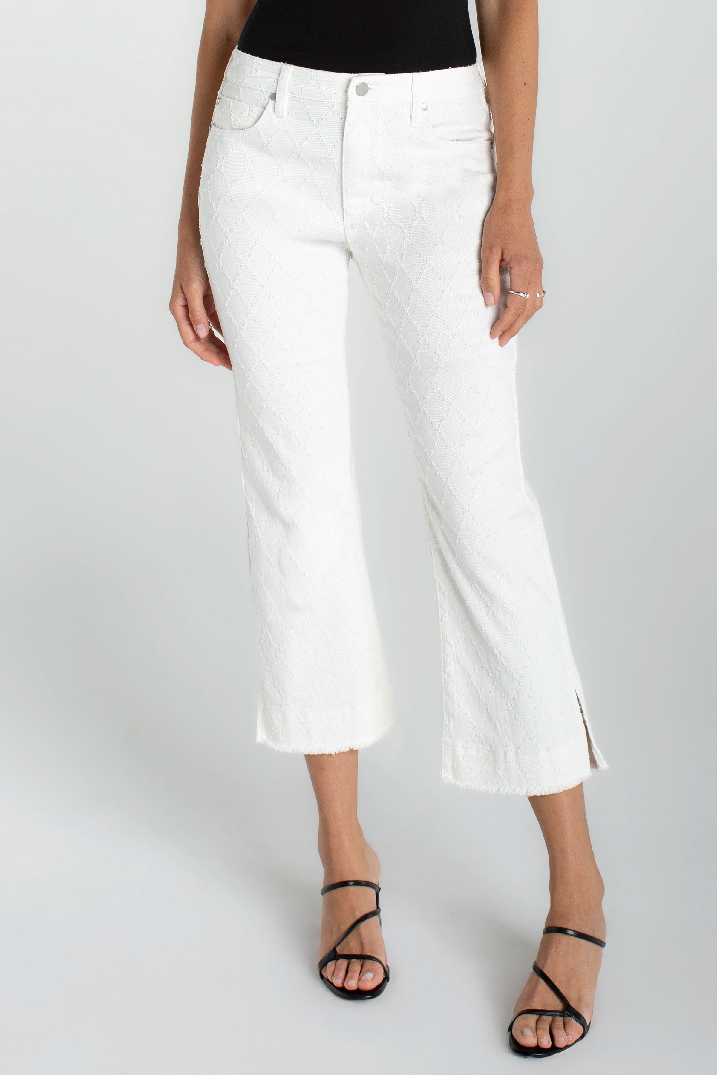 Liverpool Hannah Crop Flare Jeans with Wide Fray Hem and Slit at Ooh La La! in Grapevine TX 76051