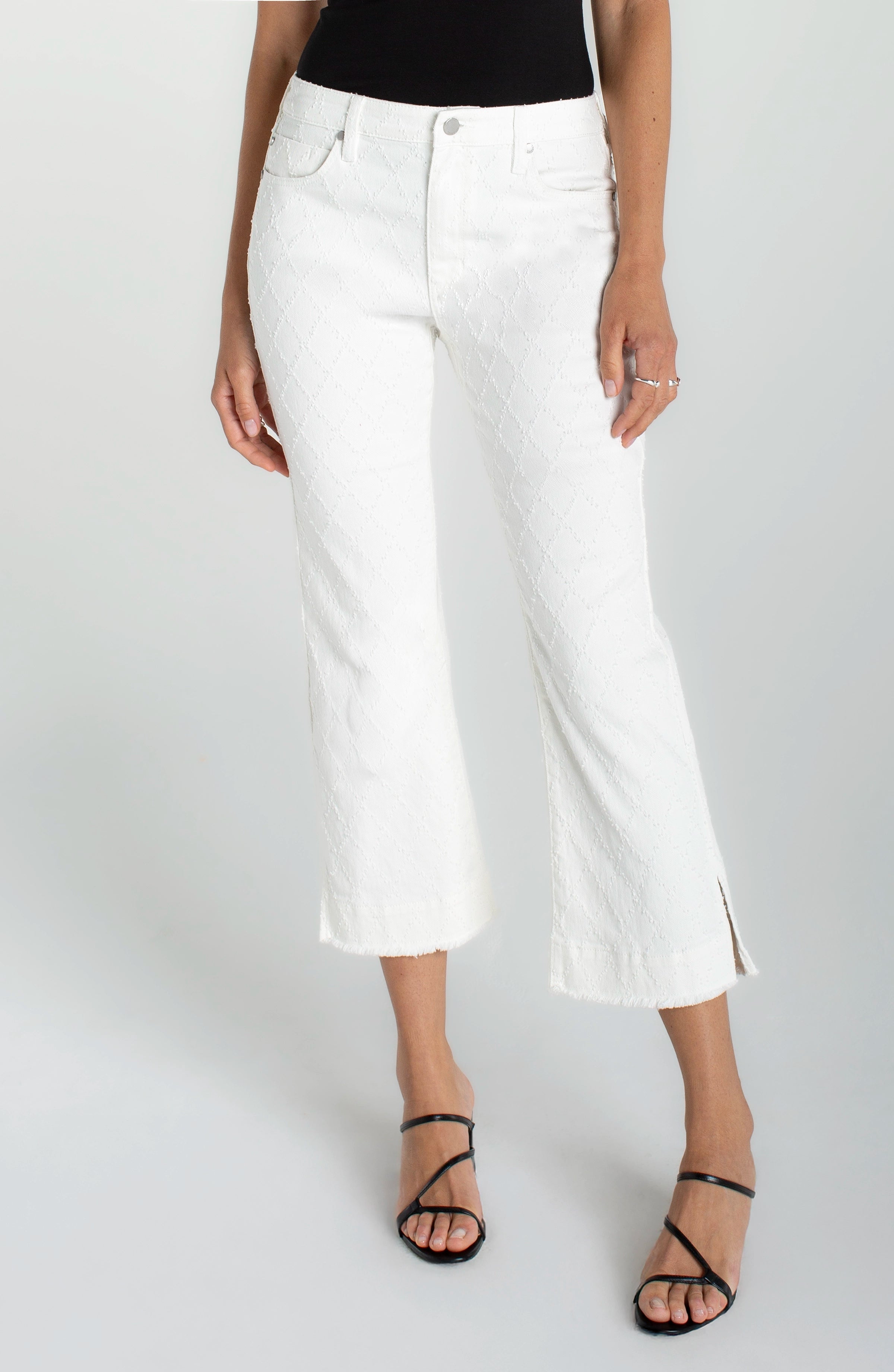 Liverpool Hannah Crop Flare Jeans with Wide Fray Hem and Slit at Ooh La La! in Grapevine TX 76051