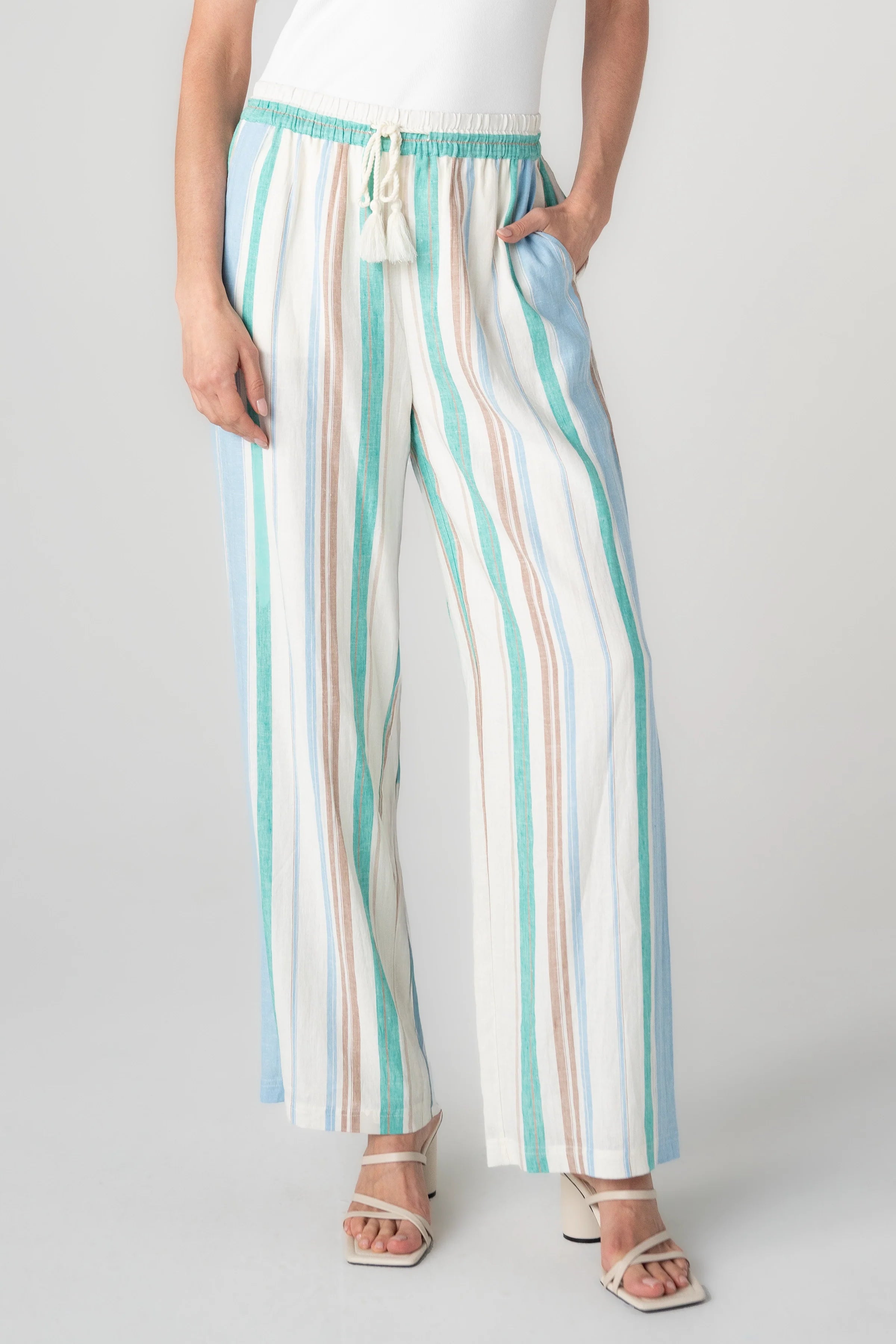 Liverpool striped wide leg pants in cream teal multi stripe pattern