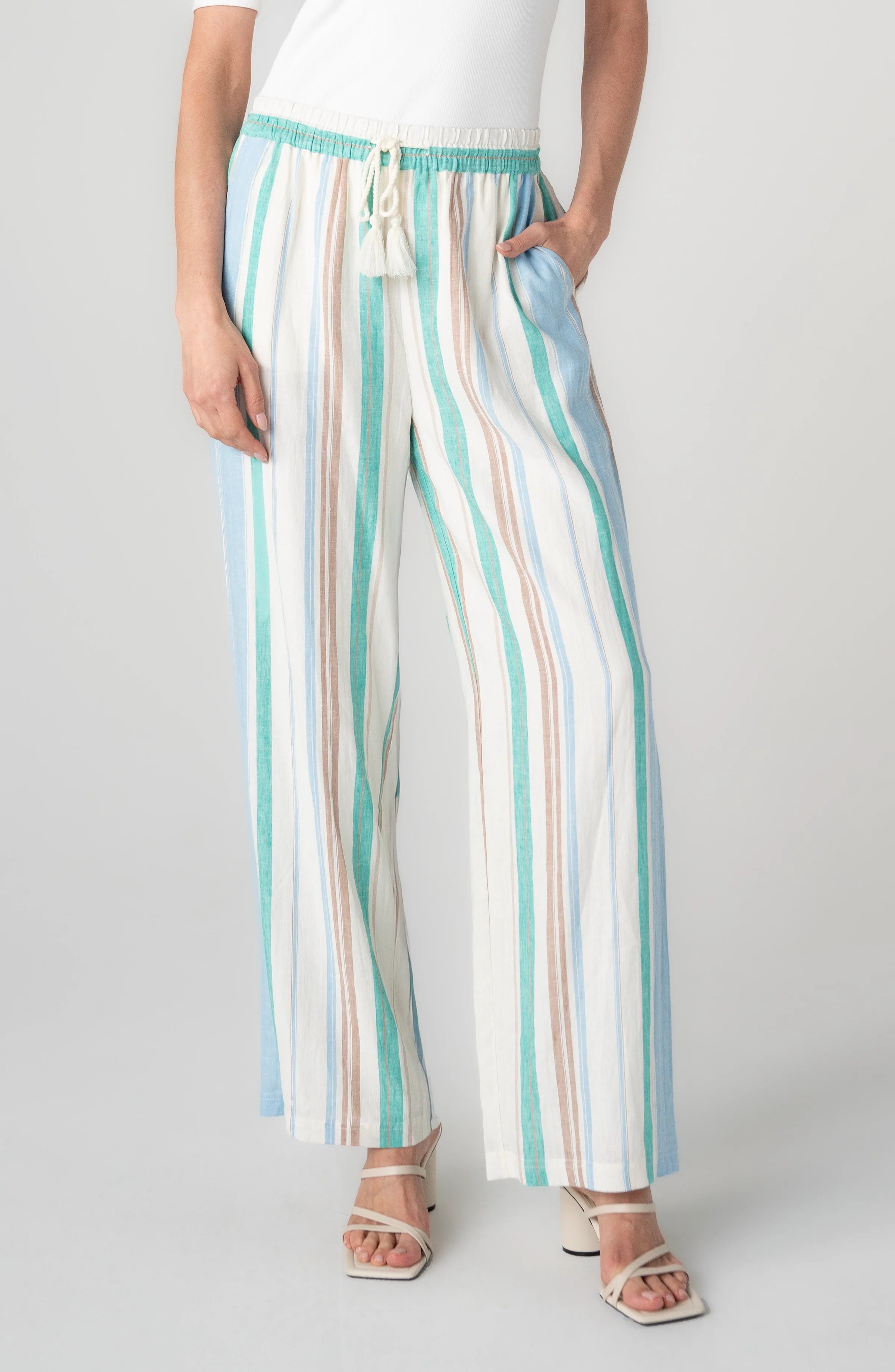 Liverpool striped wide leg pants in cream teal multi stripe pattern