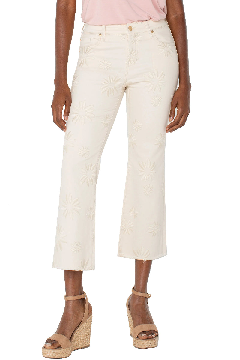 Liverpool Embroidered Hannah Crop Flare w/ Fray Hem in ecru at ooh la la! in Grapevine TX 76051