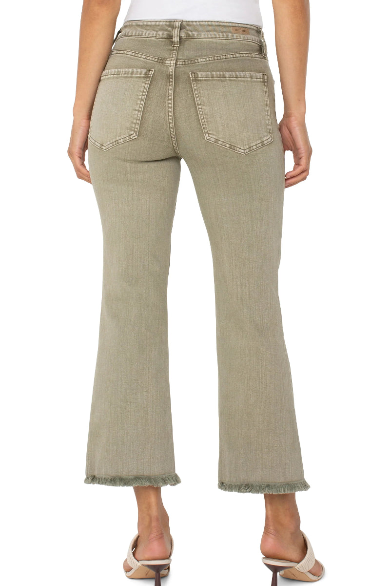 Liverpool Hannah Crop Flare With Fray Hem in mineral laurel olive at ooh la la! in Grapevine TX 76051