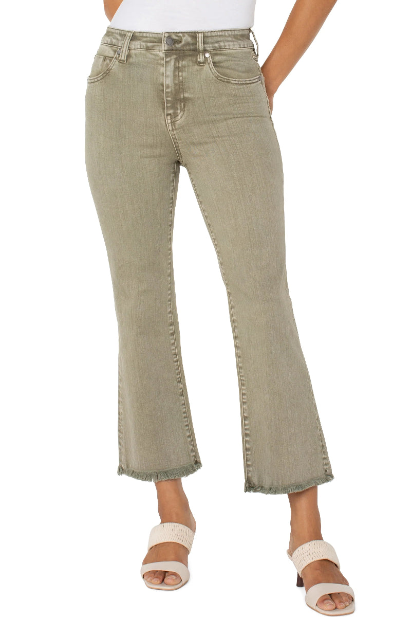 Liverpool Hannah Crop Flare With Fray Hem in mineral laurel olive at ooh la la! in Grapevine TX 76051