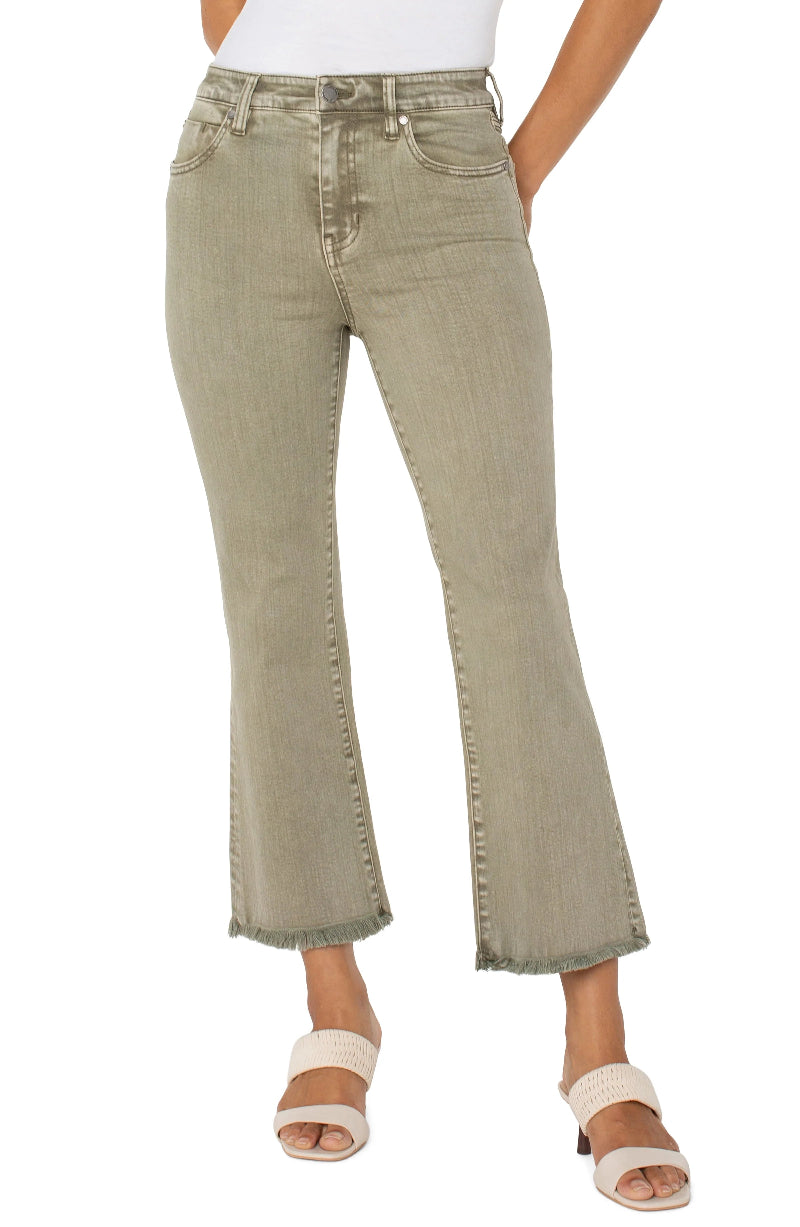 Liverpool Hannah Crop Flare With Fray Hem in mineral laurel olive at ooh la la! in Grapevine TX 76051