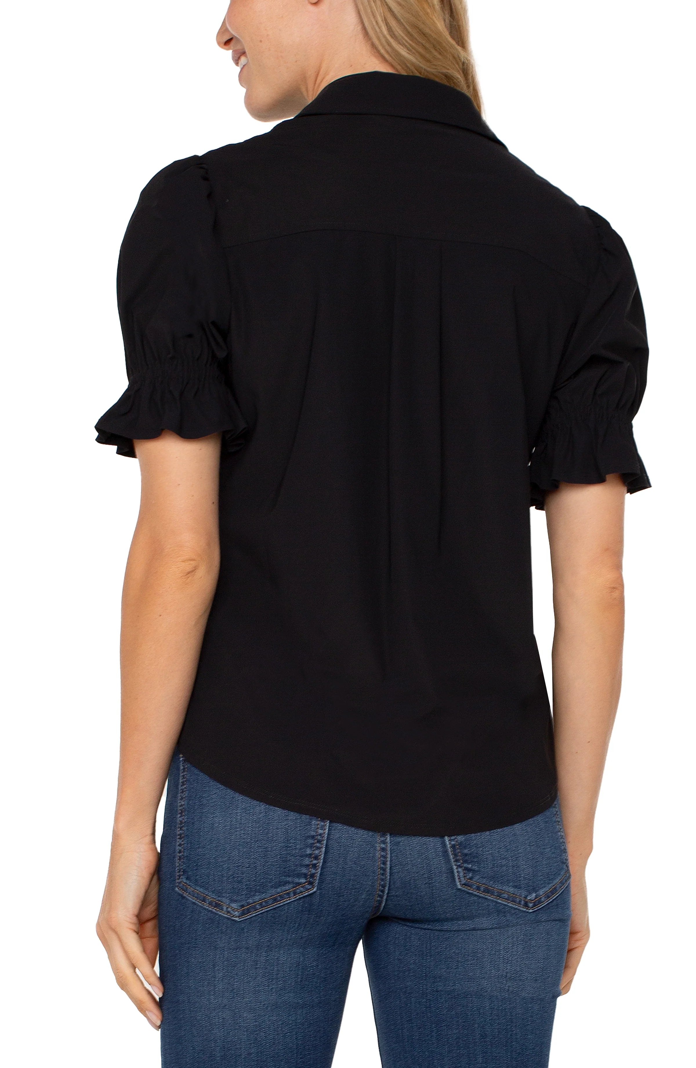 Liverpool Elbow Puff Sleeve Snap Front Shirt in black at Ooh La La! in Grapevine TX 76051