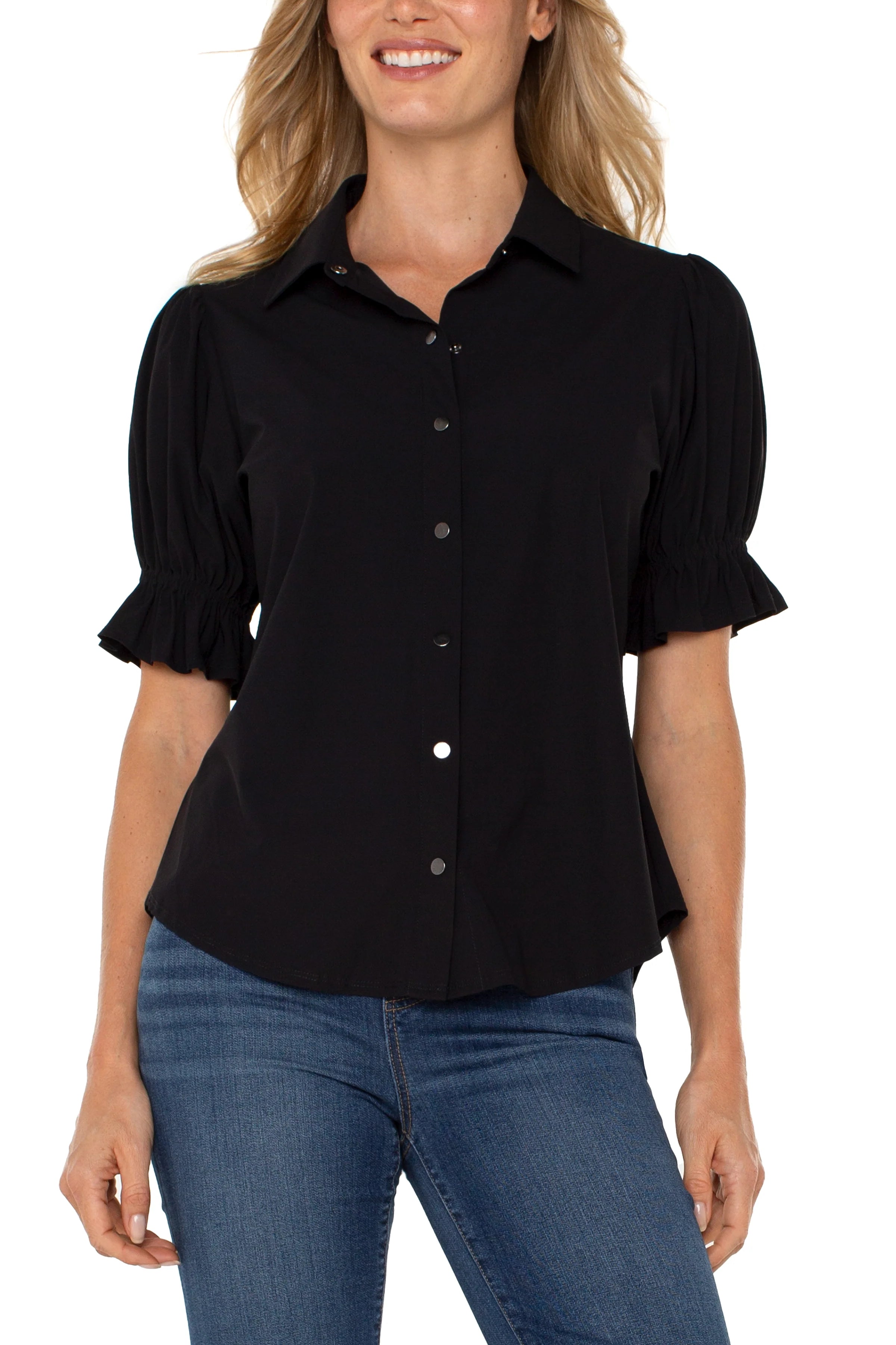 Liverpool Elbow Puff Sleeve Snap Front Shirt in black at Ooh La La! in Grapevine TX 76051