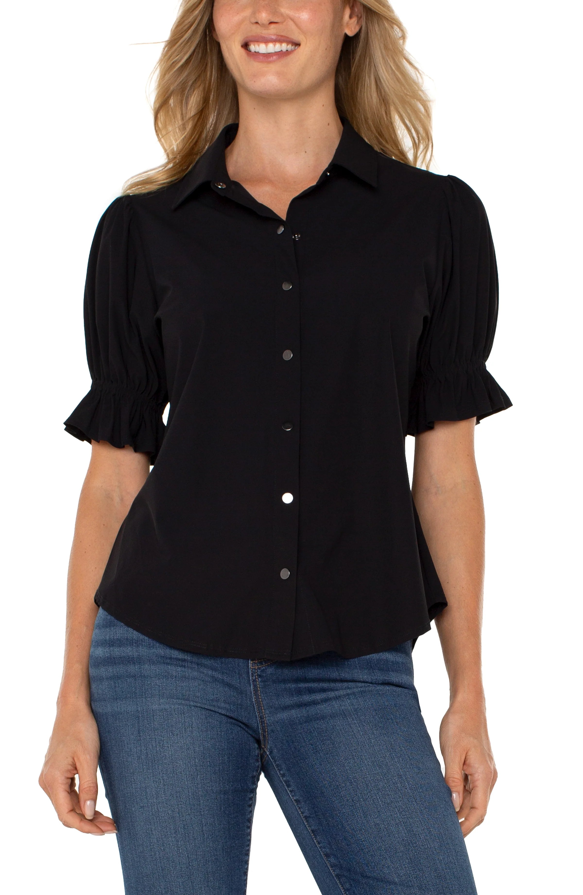Liverpool Elbow Puff Sleeve Snap Front Shirt in black at Ooh La La! in Grapevine TX 76051