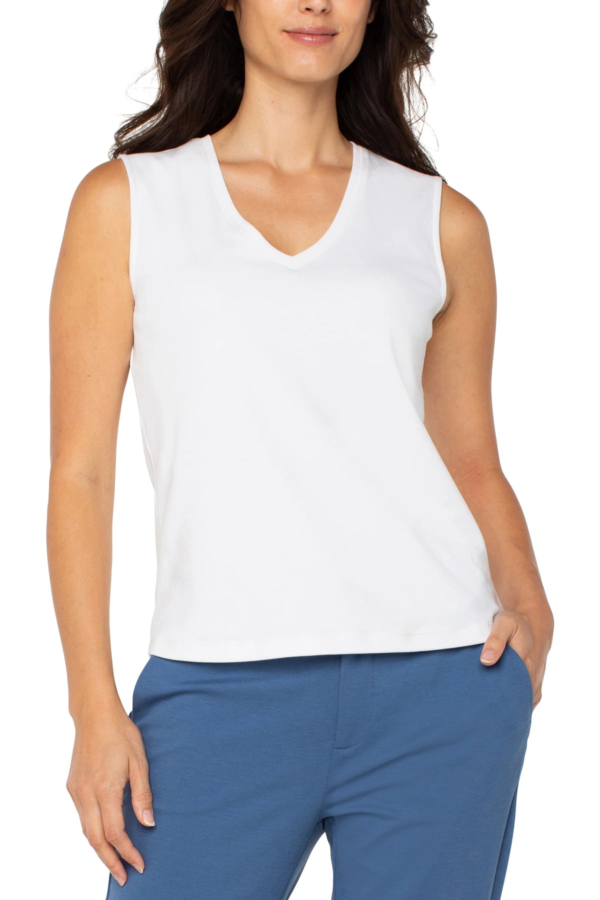 Liverpool Sleeveless V Neck Knit Top in white at ooh la la! in Grapevine TX 76051