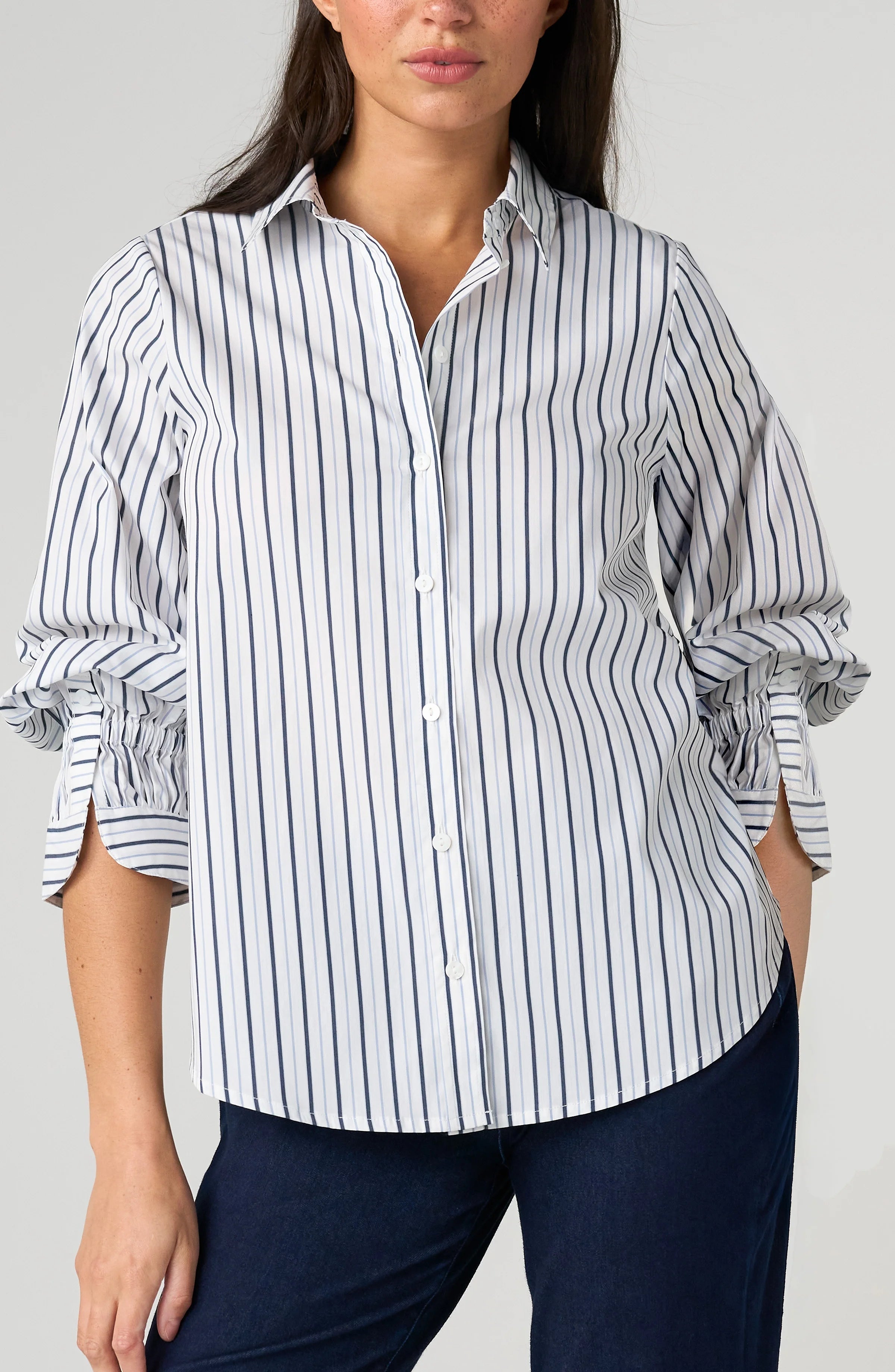 Liverpool Adjustable Slv Button Front Woven Top at Ooh La La! in Grapevine TX 76051