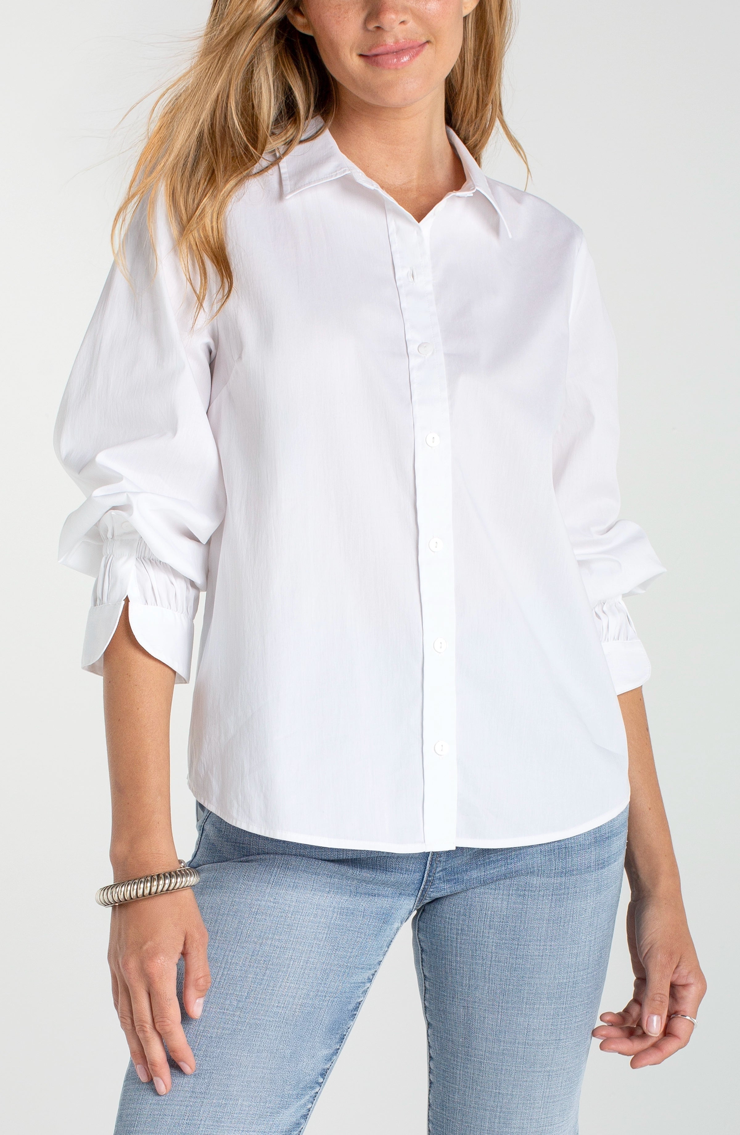 Liverpool Adjustable Slv Button Front Woven Top at Ooh La La! in Grapevine TX 76051