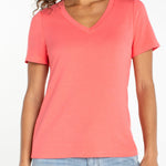 Liverpool short sleeve v-neck tee in sunset coral worn with light wash jeans
