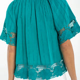 Short Sleeve Button Neck Top with Lace Trim