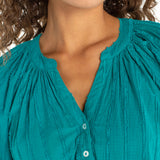 Short Sleeve Button Neck Top with Lace Trim