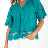 Short Sleeve Button Neck Top with Lace Trim