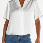 Liverpool short sleeve camp collar satin blouse in whipped cream worn with blue jeans