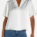 Liverpool short sleeve camp collar satin blouse in whipped cream worn with blue jeans
