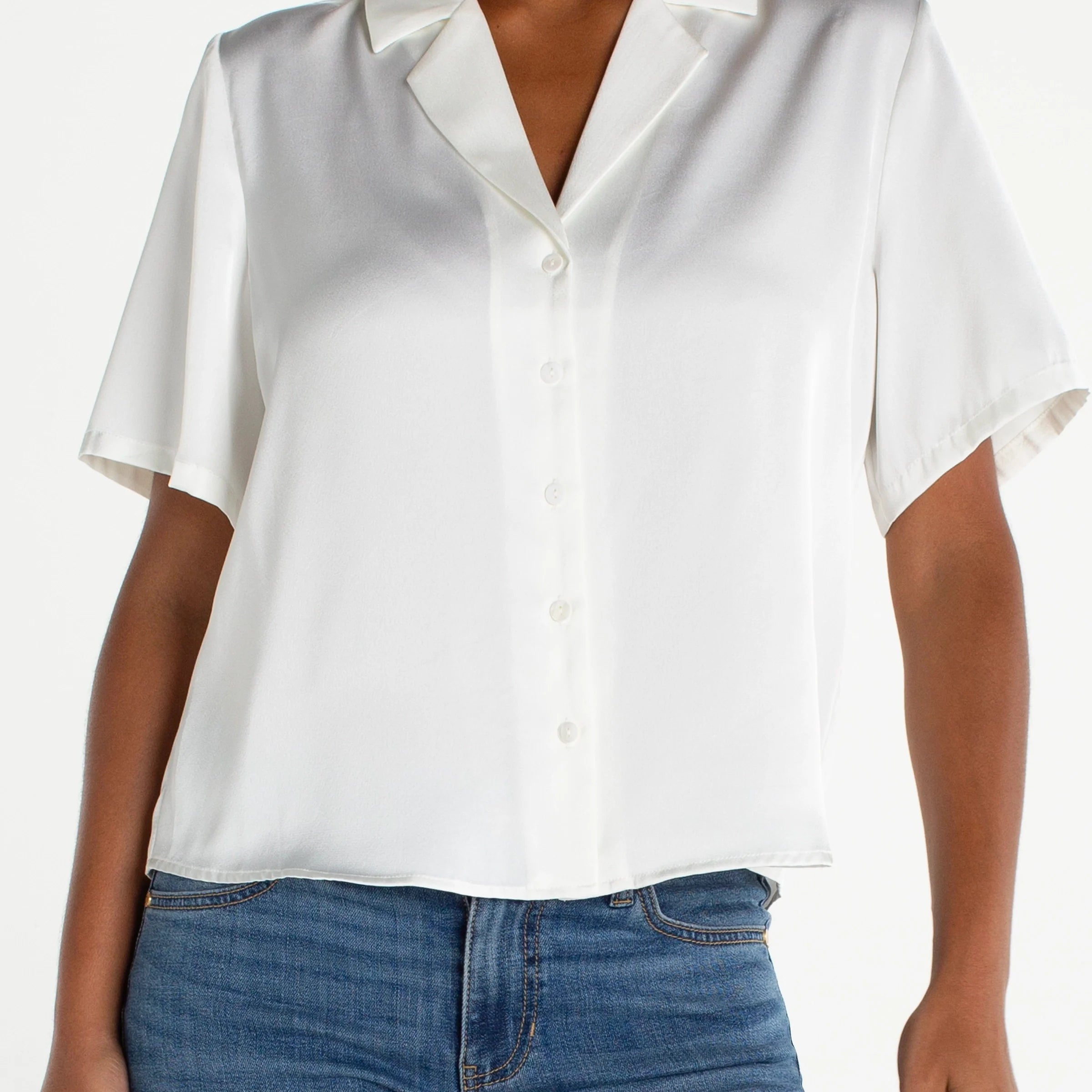 Liverpool short sleeve camp collar satin blouse in whipped cream worn with blue jeans