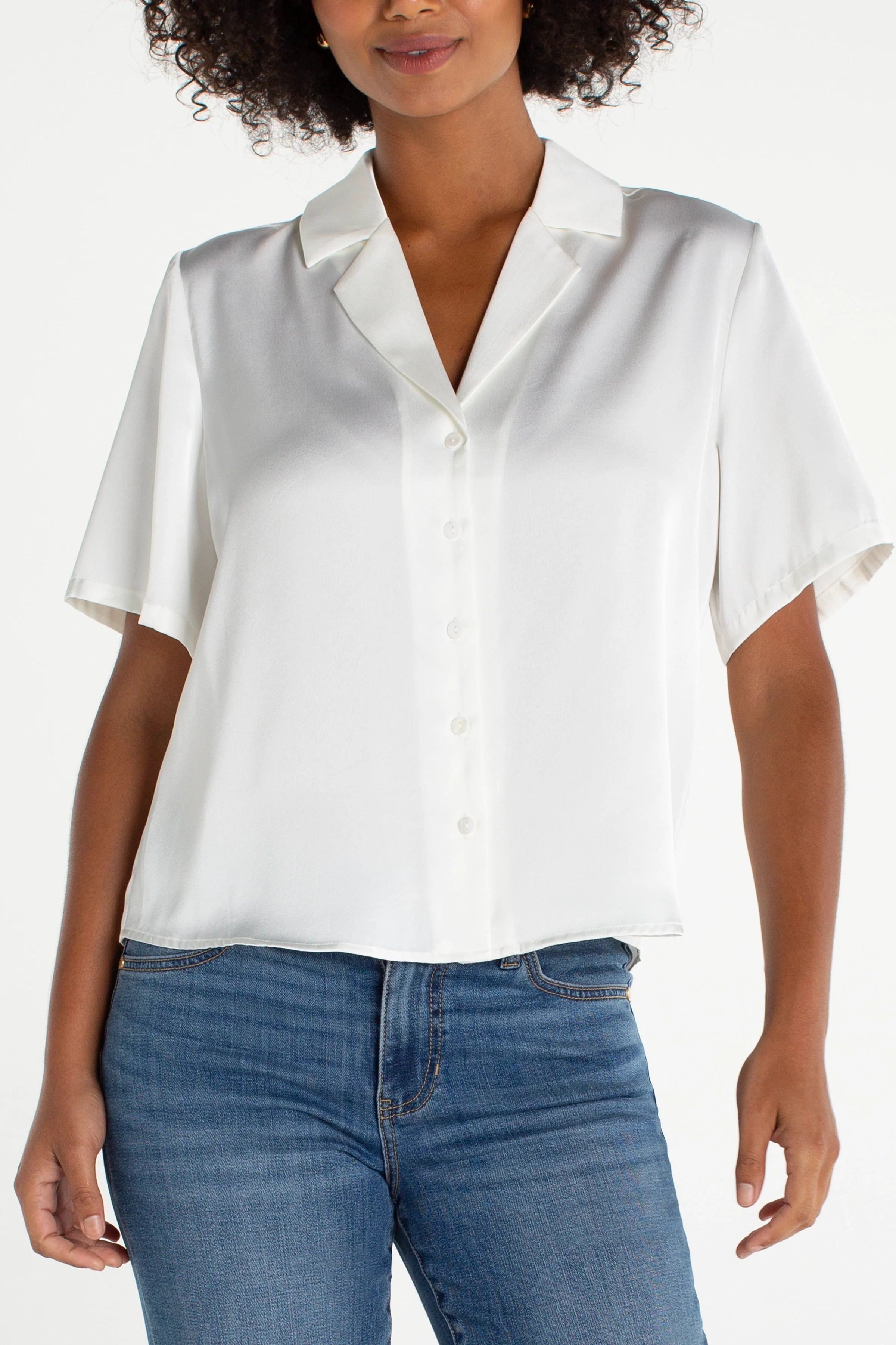 Liverpool short sleeve camp collar satin blouse in whipped cream worn with blue jeans