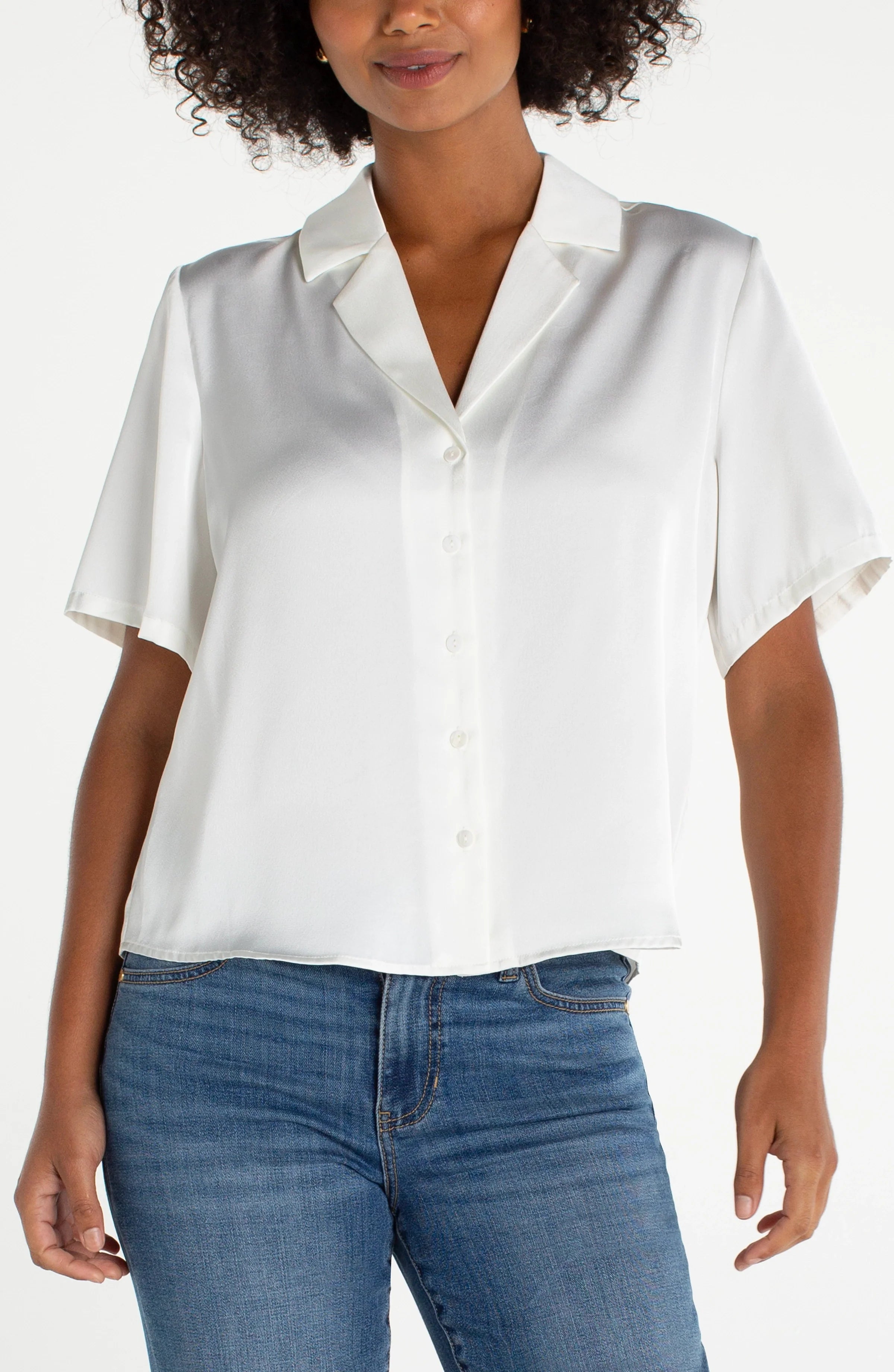 Liverpool short sleeve camp collar satin blouse in whipped cream worn with blue jeans