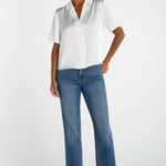 Liverpool short sleeve camp collar satin blouse in whipped cream on female model