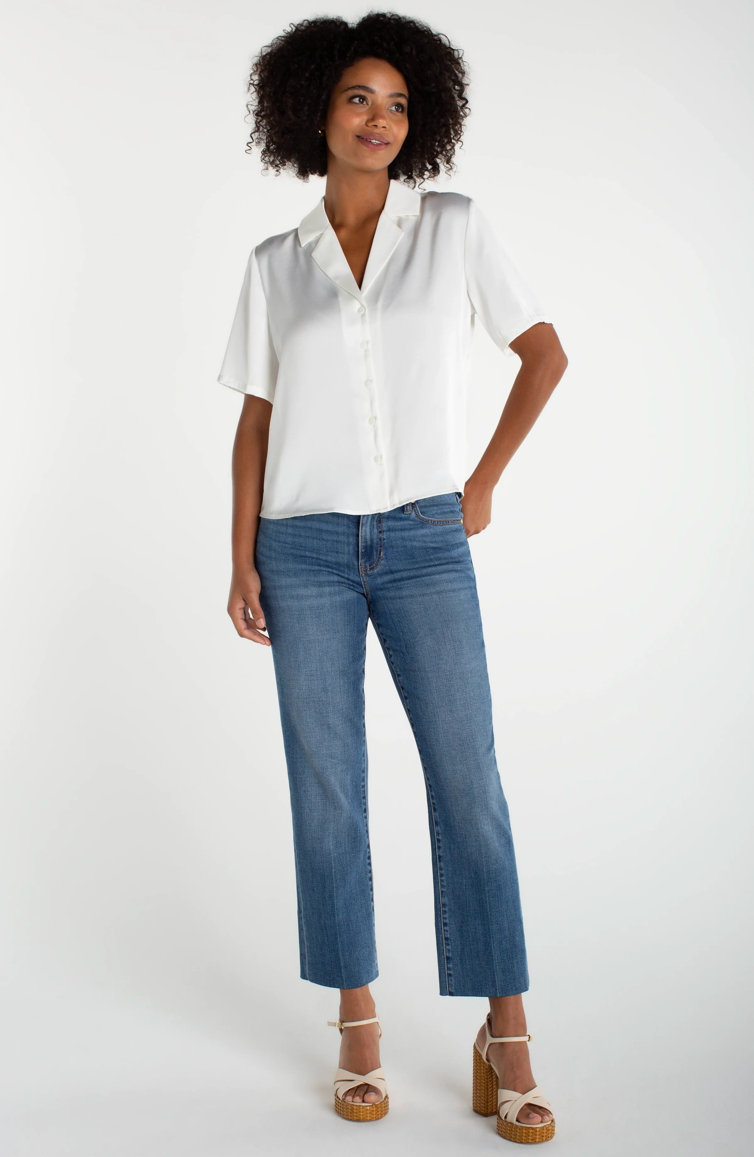 Liverpool short sleeve camp collar satin blouse in whipped cream on female model