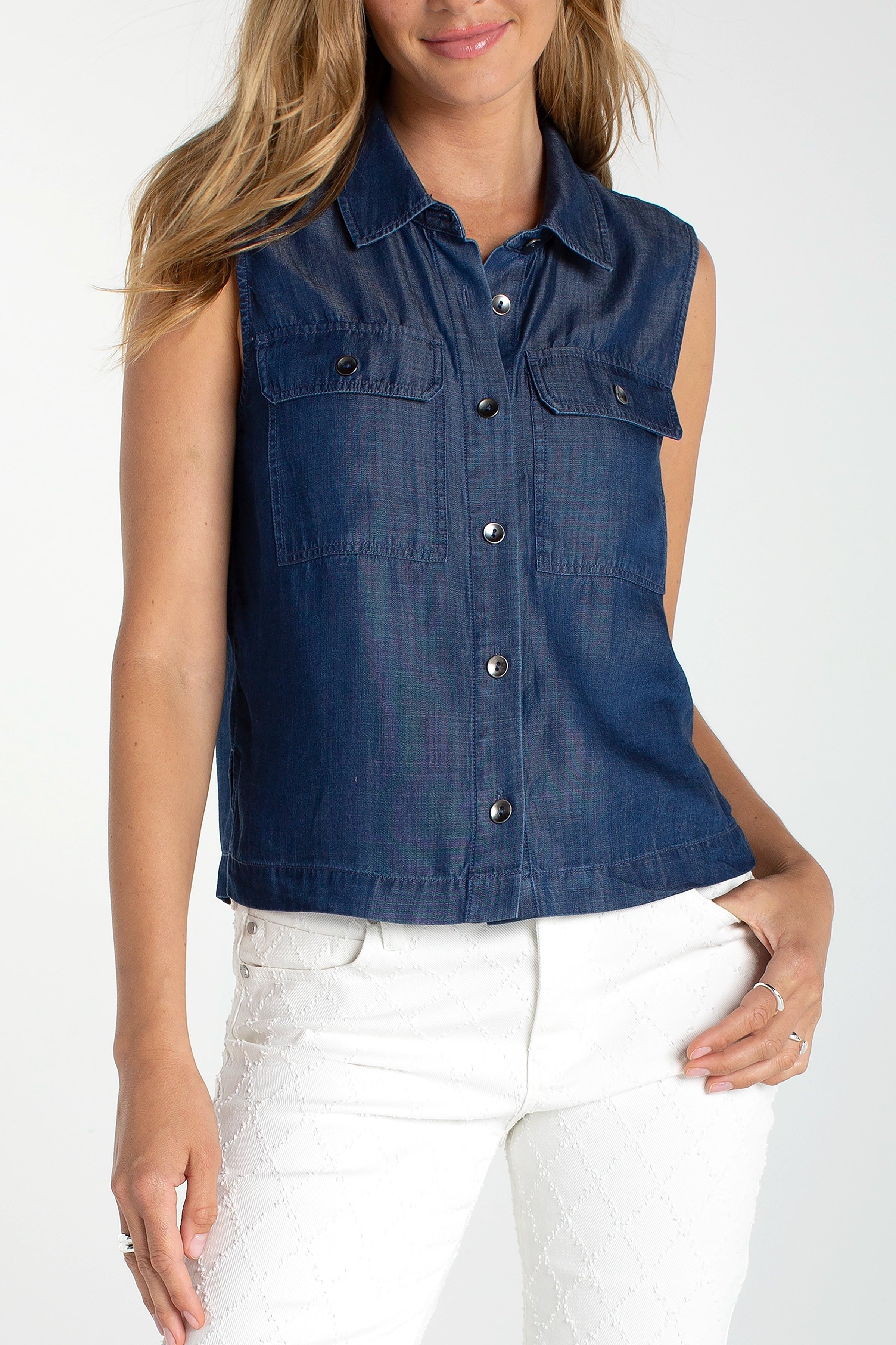 Liverpool Sleeveless Button Top With Pockets at Ooh La La! in Grapevine TX 76051