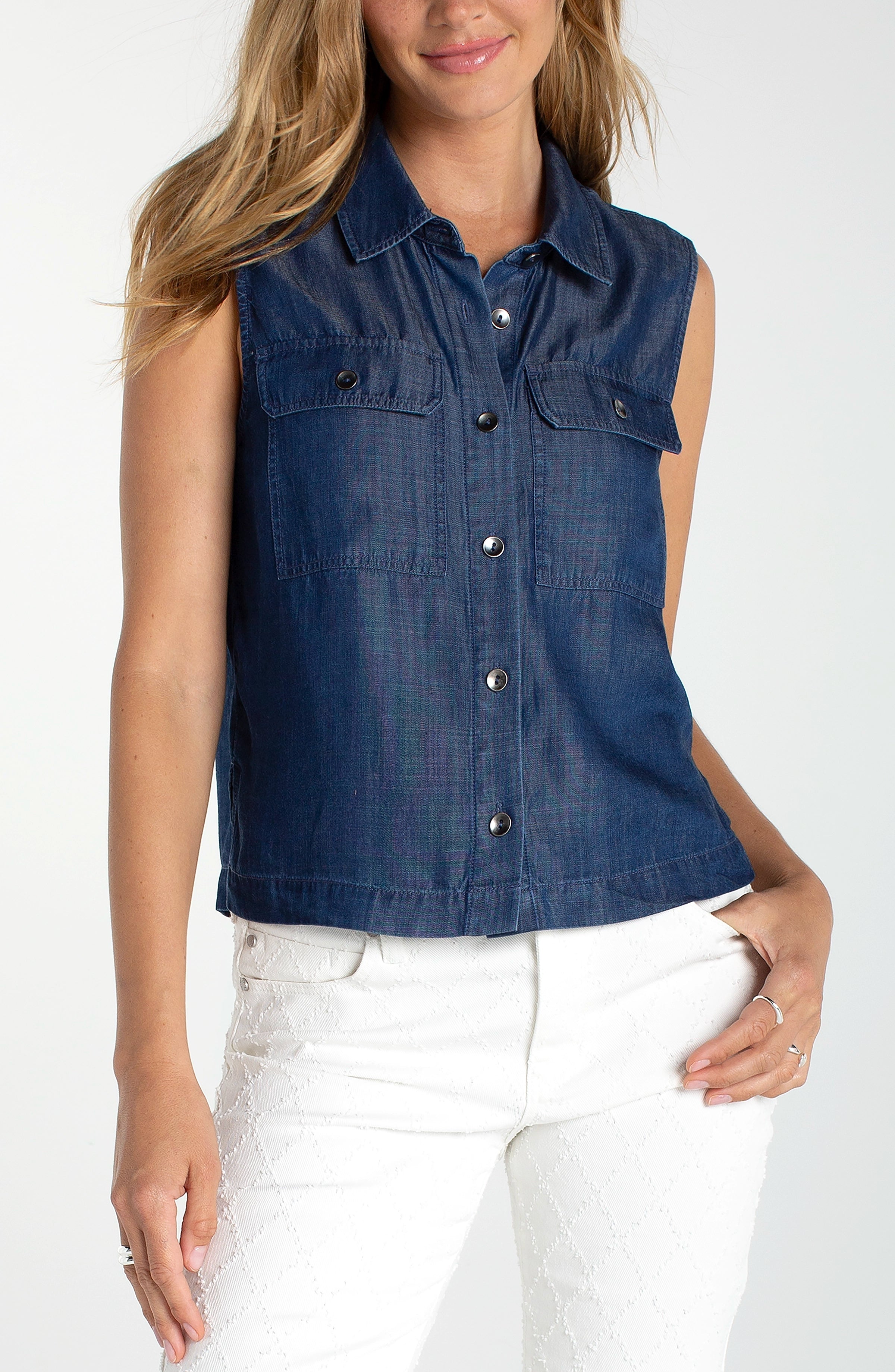 Liverpool Sleeveless Button Top With Pockets at Ooh La La! in Grapevine TX 76051