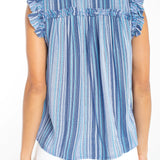 Liverpool striped flutter sleeve top with ruffled shoulders in chambray and teal stripes