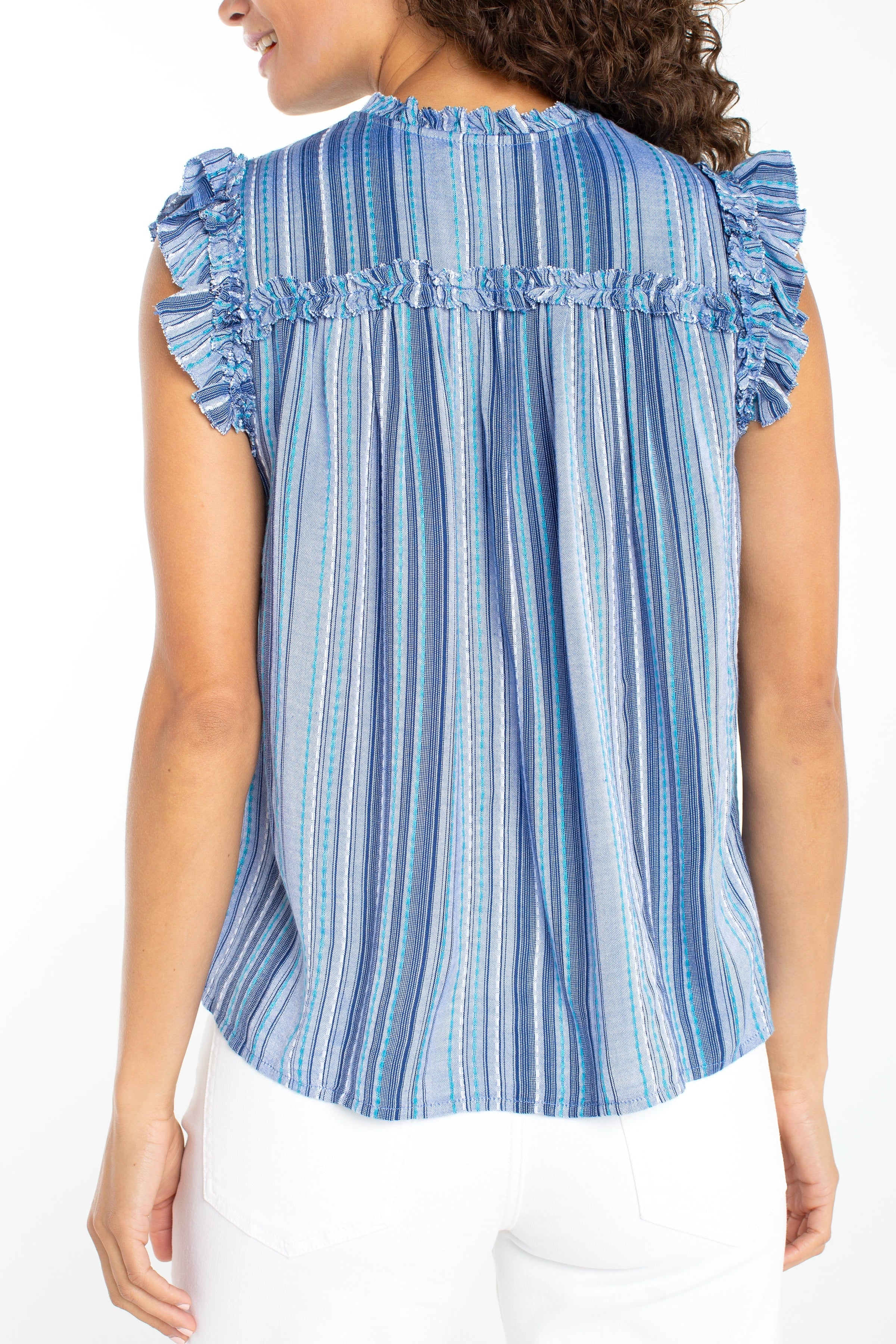 Liverpool striped flutter sleeve top with ruffled shoulders in chambray and teal stripes