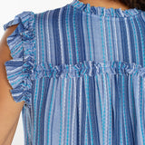 Liverpool striped flutter sleeve off-shoulder top in chambray and teal stripes