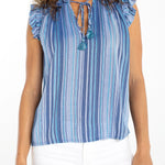 Liverpool striped flutter sleeve top with tie neck in chambray teal multi