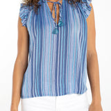 Liverpool striped flutter sleeve top with tie neck in chambray teal multi
