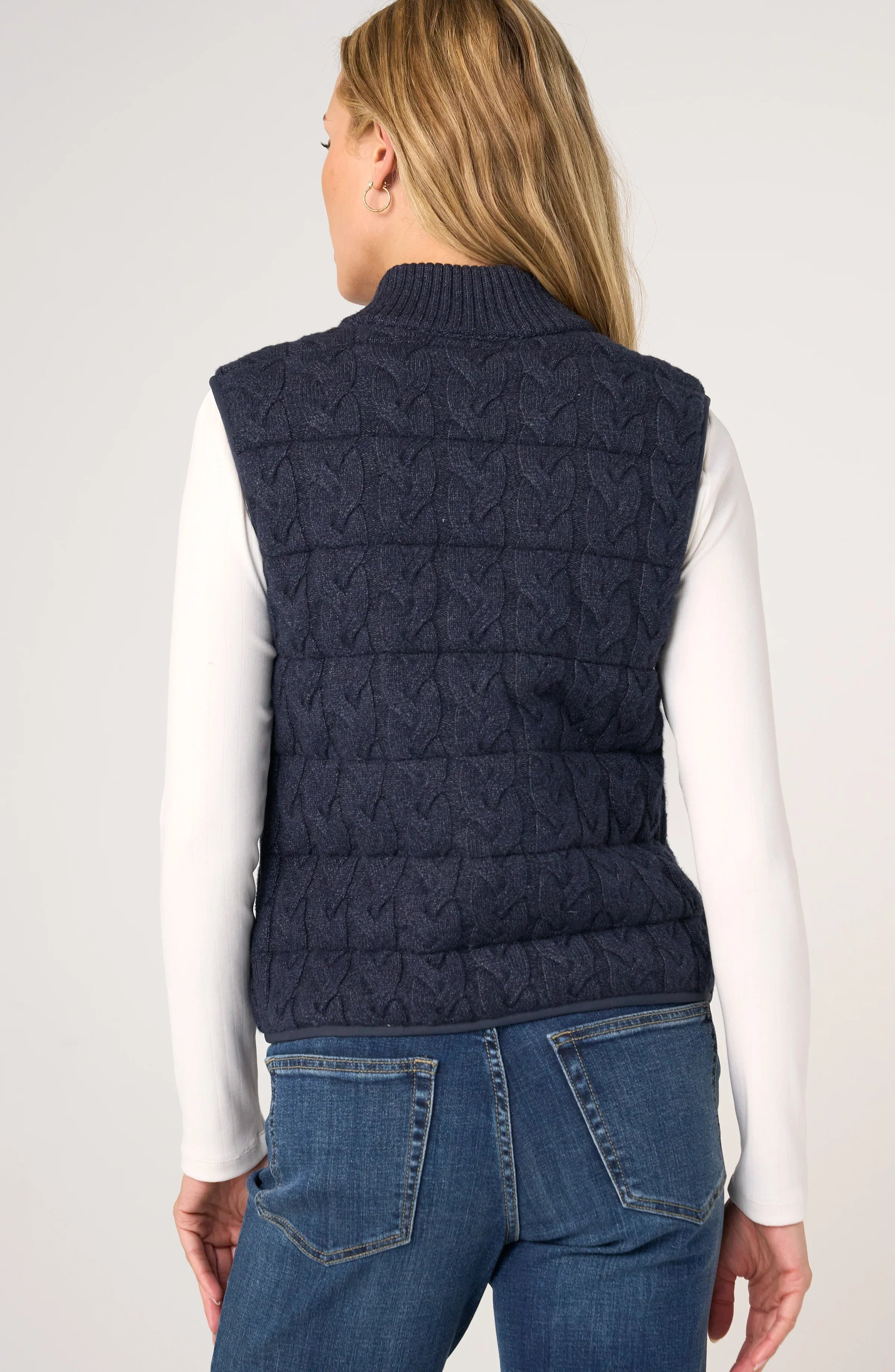 Back view of Liverpool Reversible Zip Front Quilted Sweater Vest in Heather Navy