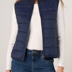 Liverpool Reversible Zip Front Quilted Sweater Vest in Heather Navy worn open over white top