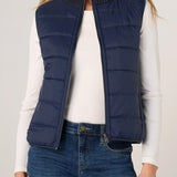 Liverpool Reversible Zip Front Quilted Sweater Vest in Heather Navy worn open over white top