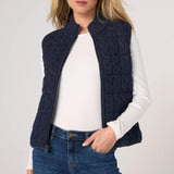 Liverpool Reversible Zip Front Quilted Sweater Vest in Heather Navy worn over white top with jeans