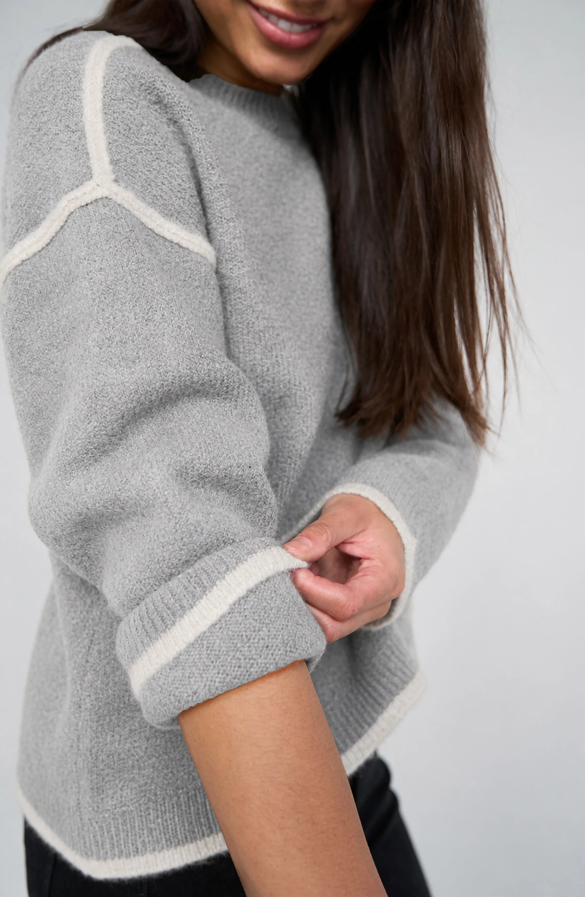 Liverpool Crew Neck Sweater with Cream Tulip Hem in light heather grey at ooh la la! in Grapevine TX 76051