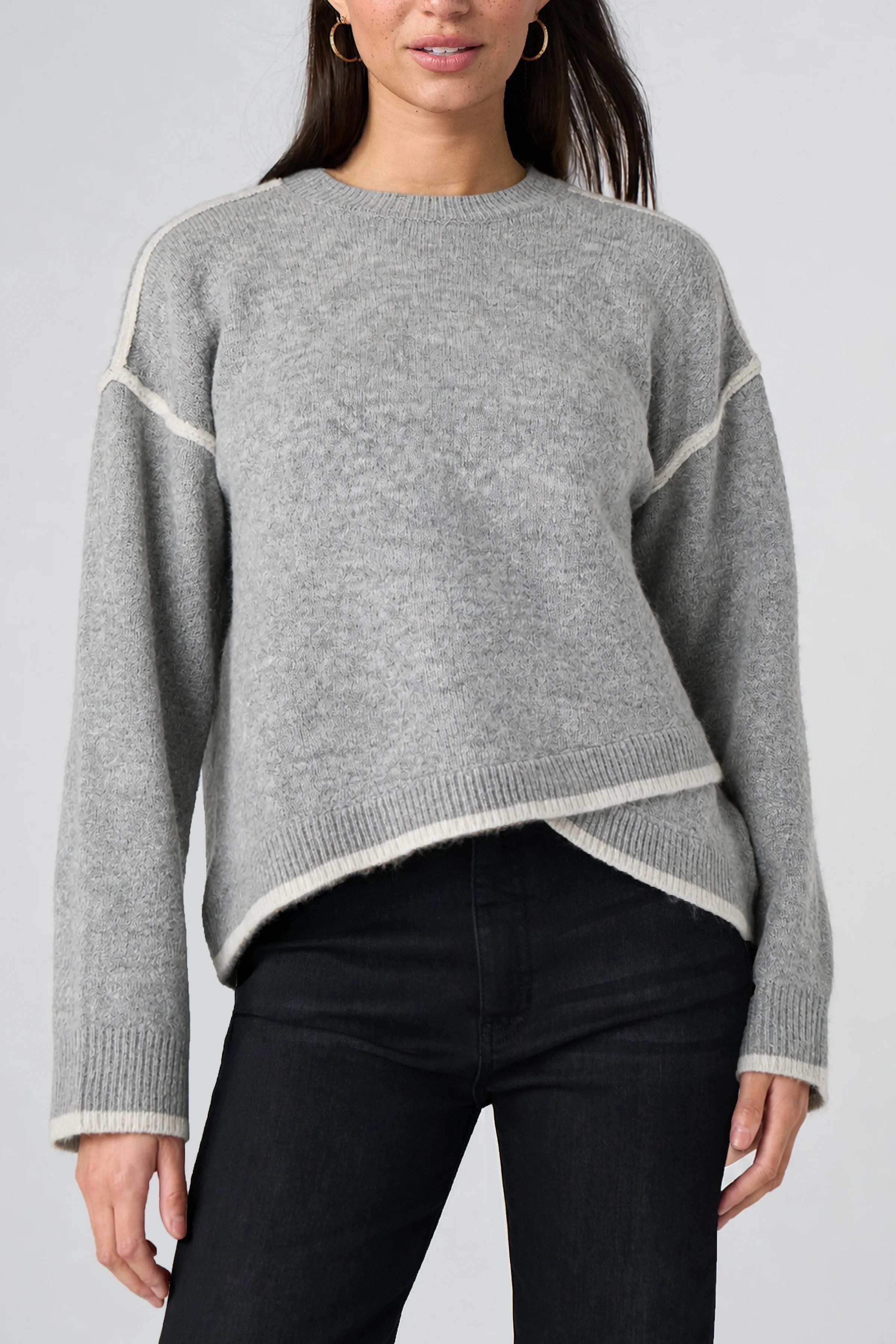 Liverpool Crew Neck Sweater with Cream Tulip Hem in light heather grey at ooh la la! in Grapevine TX 76051