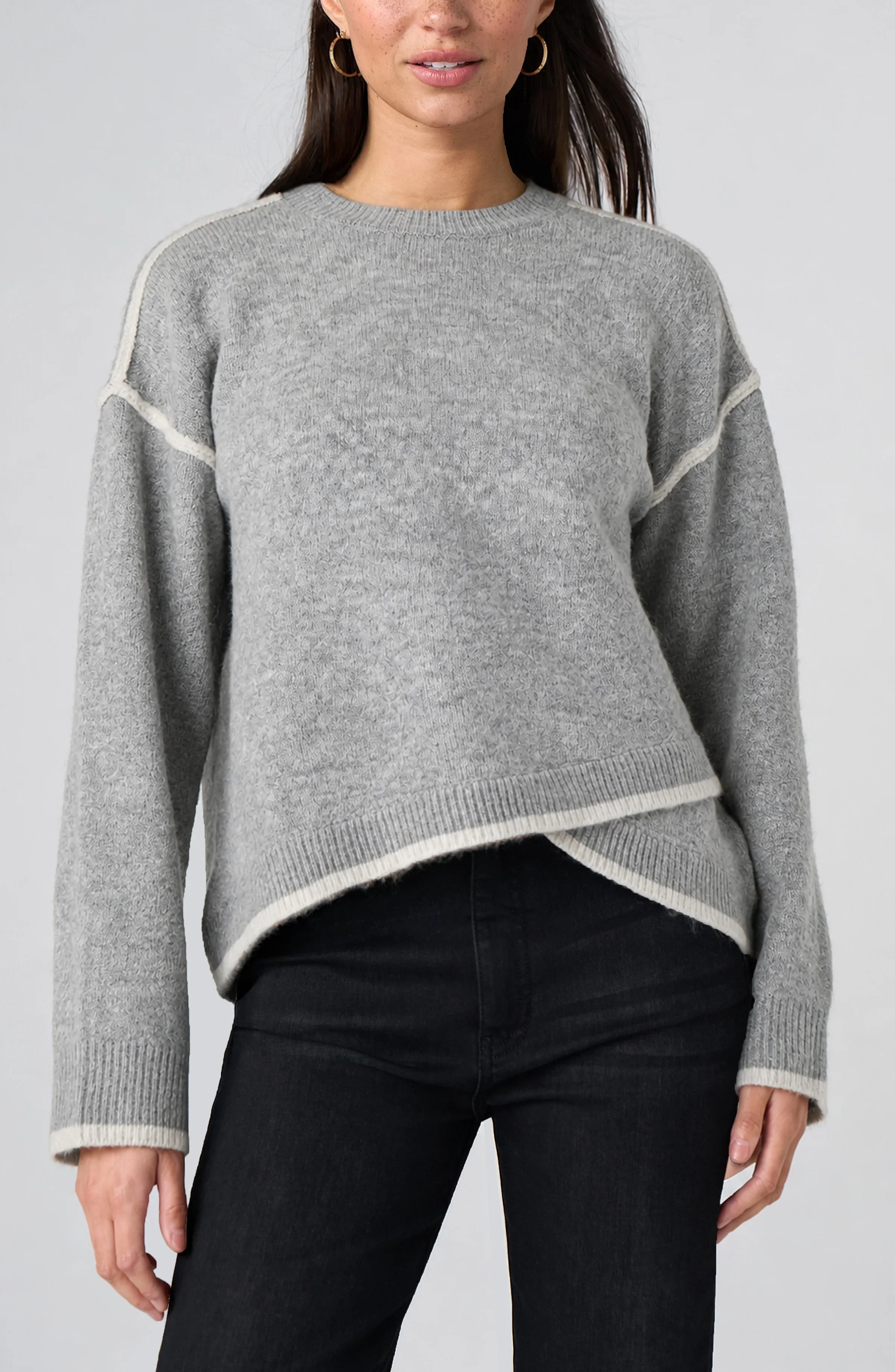 Liverpool Crew Neck Sweater with Cream Tulip Hem in light heather grey at ooh la la! in Grapevine TX 76051