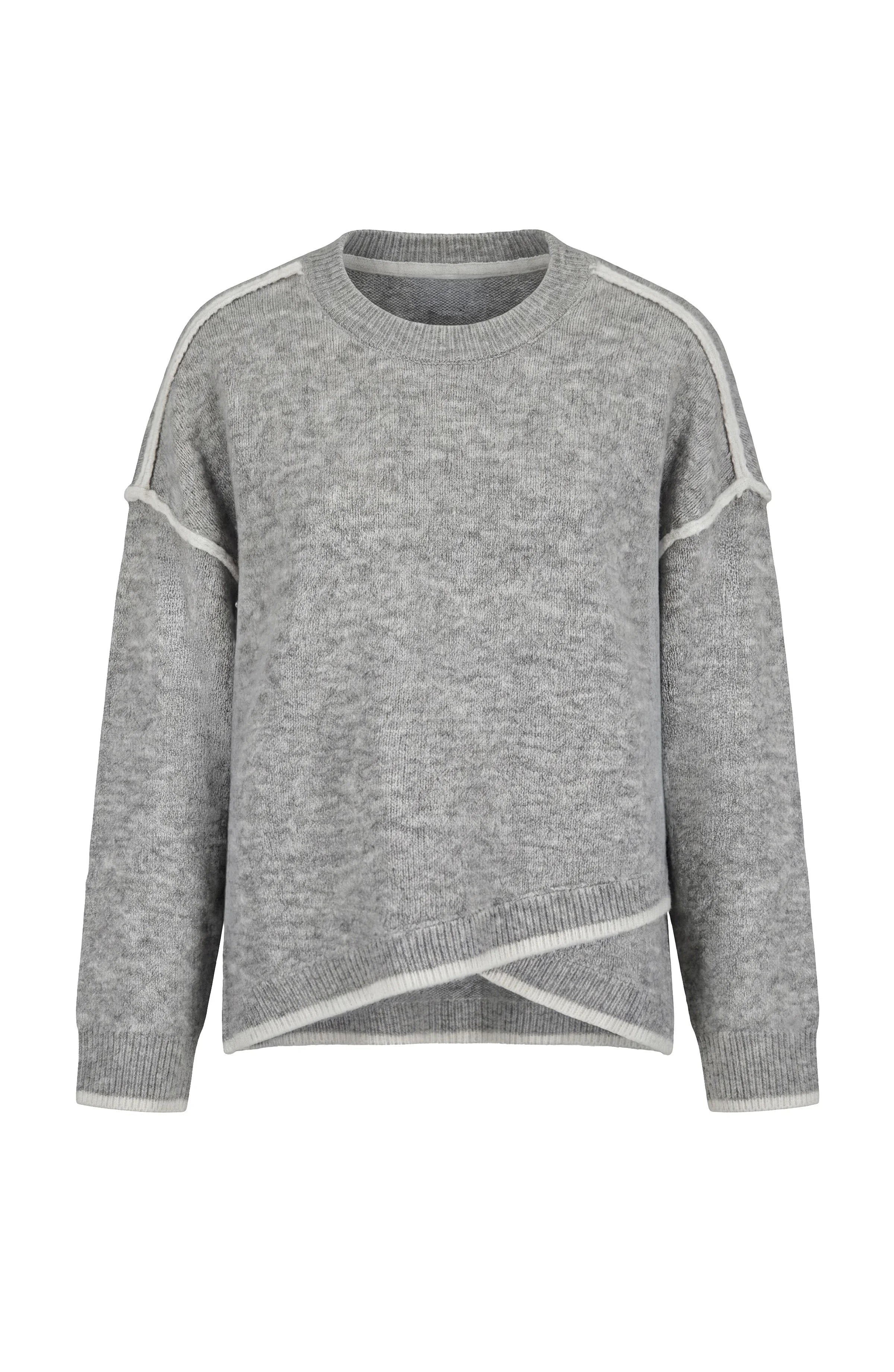 Liverpool Crew Neck Sweater with Cream Tulip Hem in light heather grey at ooh la la! in Grapevine TX 76051
